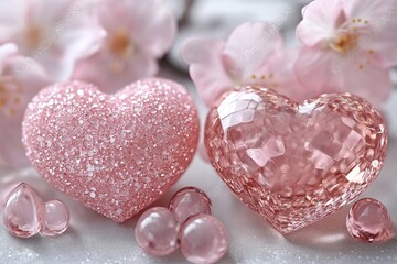 A photo of pink and white glittery hearts with flowers, pastel colors, pink tones, white background, pink cherry blossoms, pink heart-shaped stones in the shape of water drops, and crystals.


