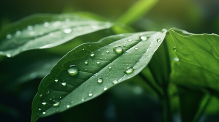 Fototapeta premium Close-up of Fresh Green Leaves Glistening with Water Drops, Capturing Nature's Beauty and Serenity in a Lush Green Environment