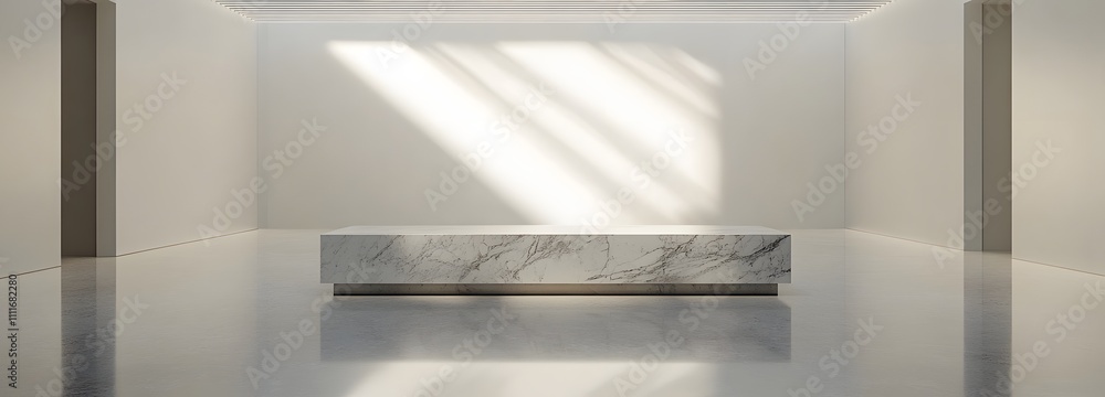 Poster a marble podium surrounded by empty space in a bright, airy gallery, with soft overhead lighting cas