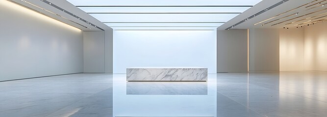 A marble podium surrounded by empty space in a bright, airy gallery, with soft overhead lighting casting a serene glow on the polished surface, creating a modern showcase environment