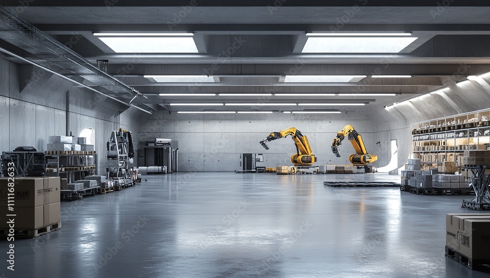 Poster modern automated warehouse: robotic arms and efficient logistics in a concrete factory setting
