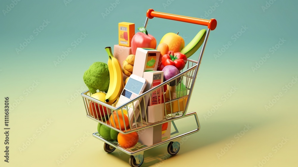 Poster innovative shopping app interface displayed on a smartphone screen showcasing floating grocery and s