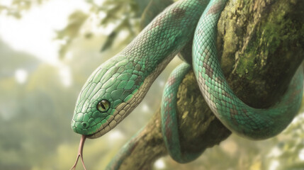 Fototapeta premium A kind green snake with a white belly in a cartoon style hangs on a tree branch