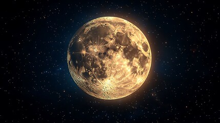 Golden full moon in dark night sky with stars.