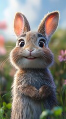 Obraz premium A photorealistic image of a happy bunny cartoon rabbit, set against a background of green grass, a blue sky, and pink colors