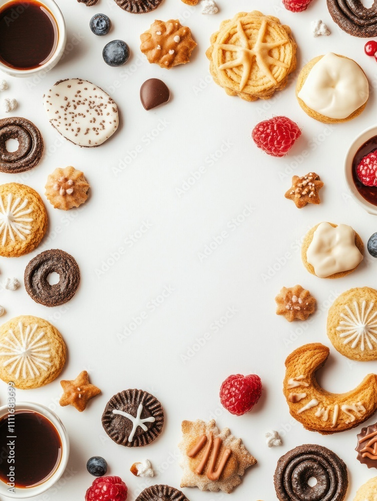 Aufkleber A vibrant array of sweets and cookies is arranged on a white surface, leaving plenty of space for extra text or designs. Generative AI