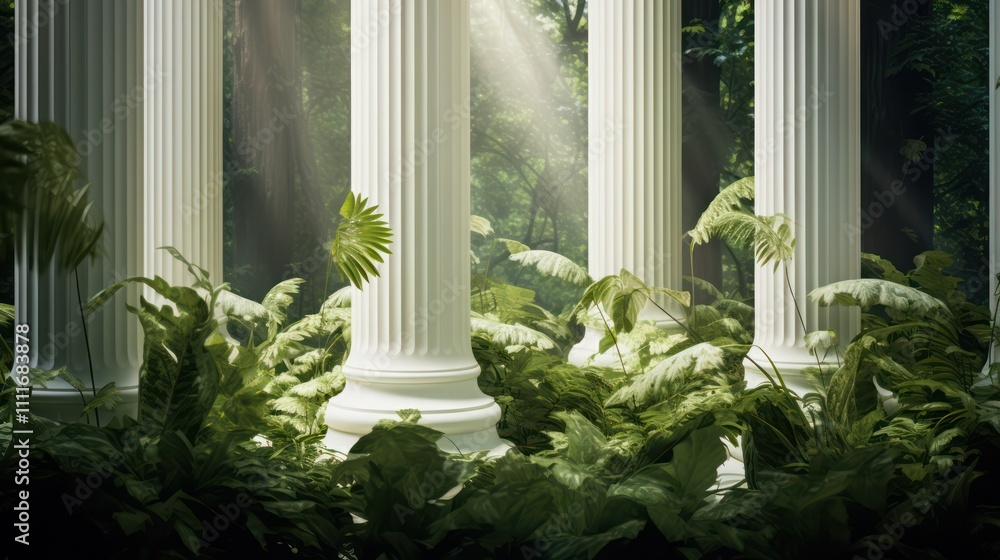 Poster ethereal light shining through ancient columns surrounded by lush greenery in a tranquil forest sett