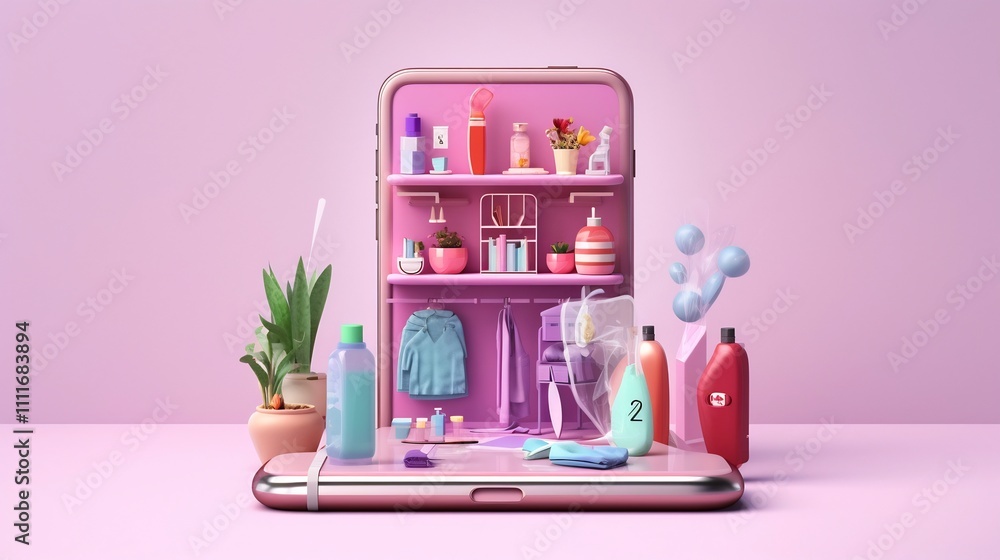 Poster smartphone displaying a digital home essentials store with floating cleaning products organizers and