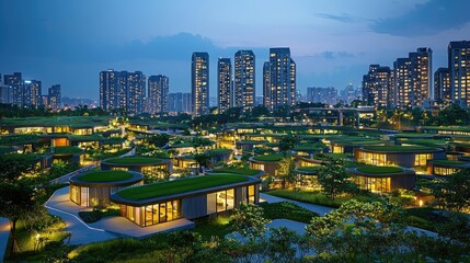 Naklejka premium Modern urban landscape with illuminated buildings at dusk.