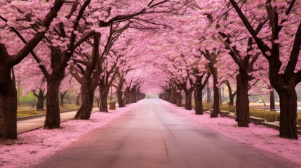 Fototapeta premium Serene Cherry Blossom Pathway Surrounded by Pink Blooms Creating a Dreamy Atmosphere for Tranquil Walks in Nature's Springtime Beauty