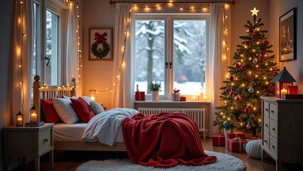 Cozy bedroom with a bed by window with Christmas decor and a Christmas tree and warm light garlands and candles - inside view in winter and snow. Celebrate Christmas and New Year, Christmas mood. 