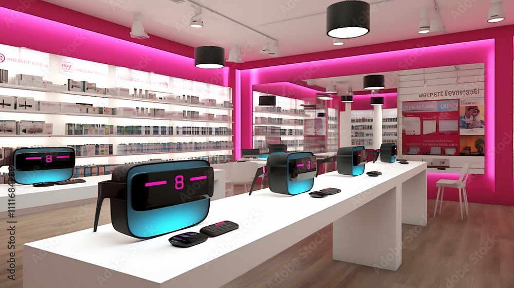 Poster a 3d rendered smartphone screen displaying a virtual tech store showcasing the latest virtual realit