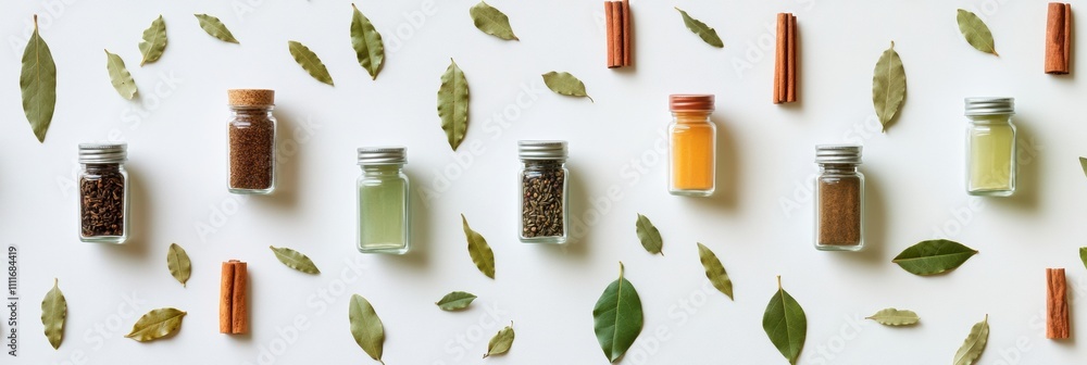 Aufkleber colorful spice jars with bay leaves and cinnamon create an aromatic display, perfect for marketing o