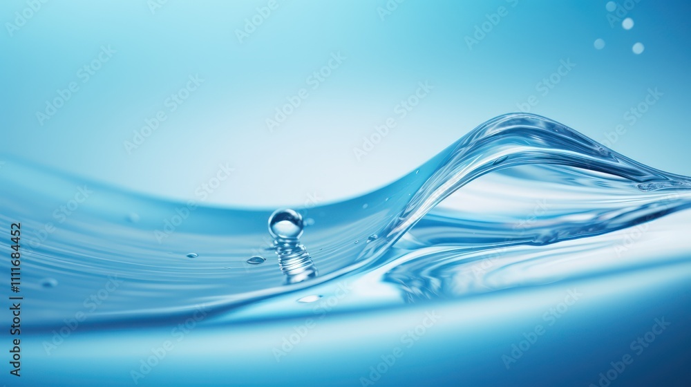 Poster fluid movement of water creating gentle waves and bubbles in a bright blue environment with soft lig