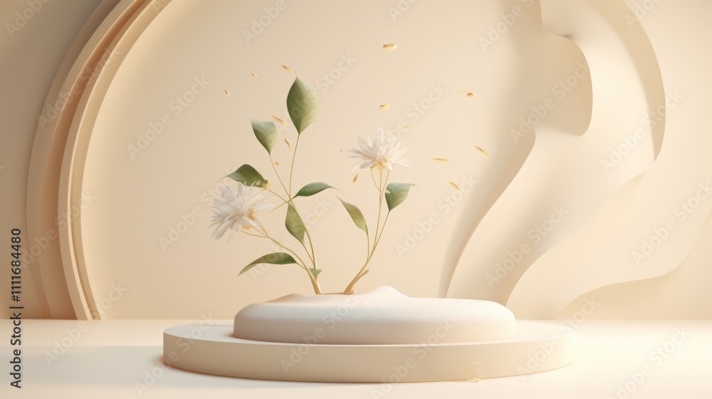Poster a minimalist art display featuring delicate flowers and green leaves in a soft neutral color scheme 
