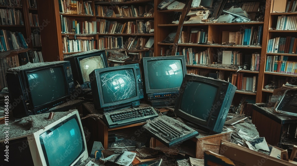 Poster old monitors with cracked screens and dust, lying in an abandoned library filled with scattered debr