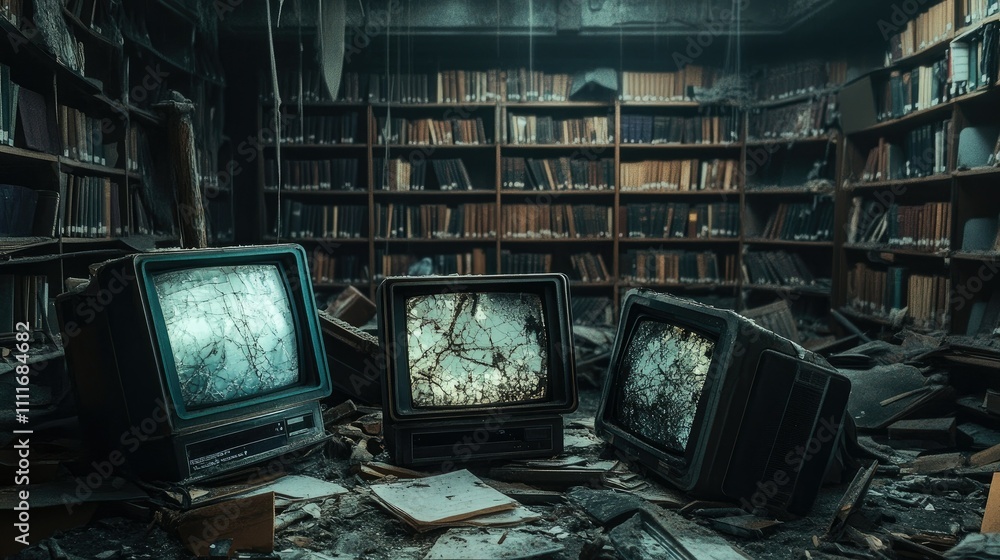 Poster old monitors with cracked screens and dust, lying in an abandoned library filled with scattered debr