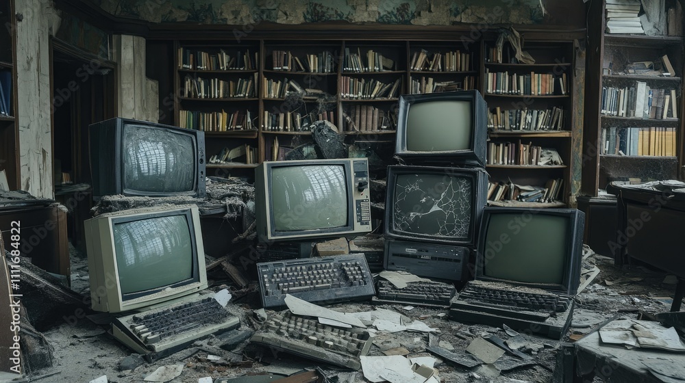 Poster old monitors with cracked screens and dust, lying in an abandoned library filled with scattered debr