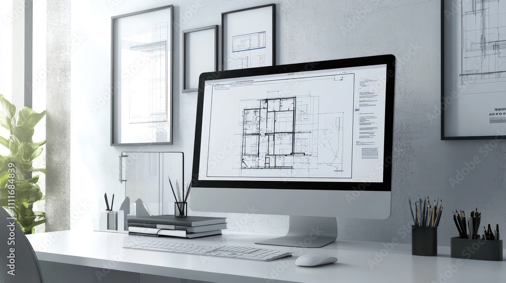 Poster modern workspace with architectural plans on display