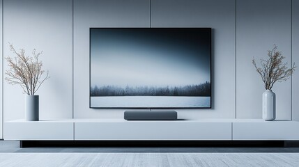 Fototapeta premium Modern living room with large minimalist tv and elegant decor in monochrome interior