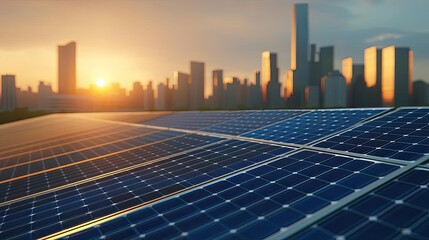 Solar panels reflecting sunlight in a cityscape at sunset, showcasing renewable energy.