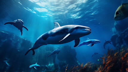 Naklejka premium dolphins swimming in the ocean, generative ai