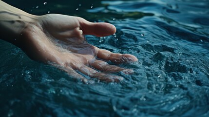 Fototapeta premium Close-Up of a Human Hand Reaching into Clear Water with Droplets Splashing in Sunlight, Symbolizing Connection to Nature and Refreshing Serenity