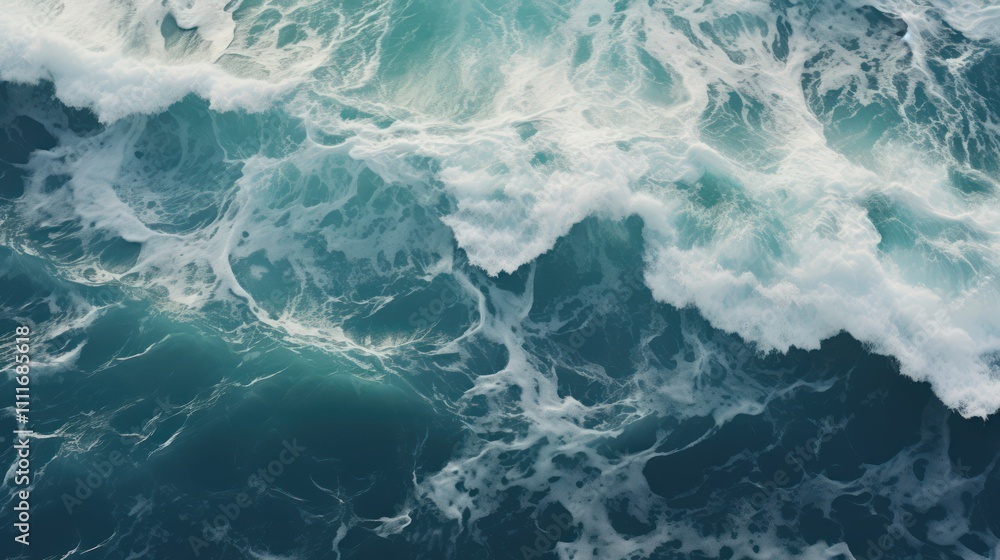 Poster ocean waves captured from above, displaying the mesmerizing patterns and deep blue tones of the sea 