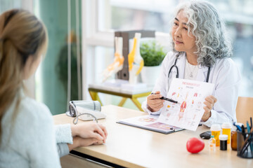 A professional senior Asian female doctor in a uniform having a consultation with a young married couple in the examination room. doctor visit, health care, medical