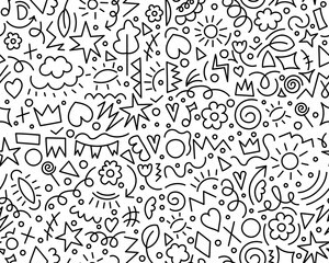Fun black and white line doodle seamless pattern. Abstract cute children party squiggle background design.