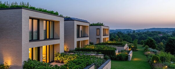 Obraz premium Modern luxury homes with large windows and green surroundings at sunset.