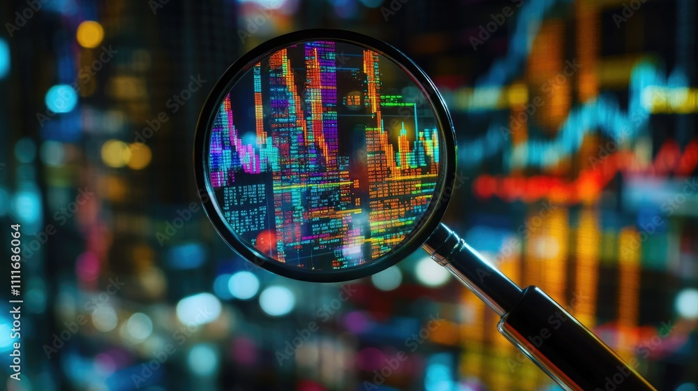 Poster through a magnifying glass, colorful financial charts and data come into focus, emphasizing key mark