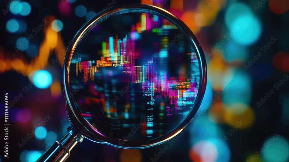 Poster through a magnifying glass, colorful financial charts and data come into focus, emphasizing key mark