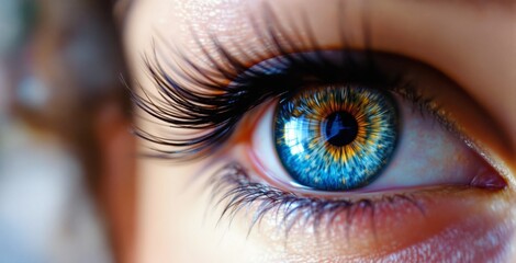 Fototapeta premium Close-Up of a Beautiful Human Eye with Vibrant Blue and Orange Iris, Showcasing Long Eyelashes and Unique Details