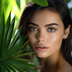 Naklejka premium Beautiful young woman model surrounded by lush tropical leaves, capturing a serene moment in nature, showcasing natural beauty and skin care beauty