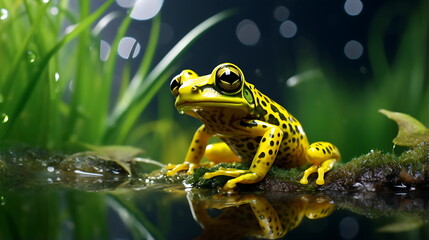 Fototapeta premium a frog sits in the water with green vegetation, generative ai