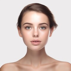 Obraz premium Close-Up of a Young Woman with Natural Beauty and Smooth Complexion Highlighting Soft Features and Clear Skin Tone Against a Neutral Background