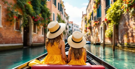 Obraz premium Mother and Daughter Enjoying a Gondola Ride in the Scenic Canals of Venice, Italy