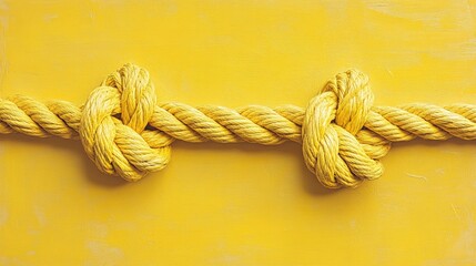 Fototapeta premium Two yellow rope knots tied with precision, set against a vivid yellow background, showcasing the texture and complexity