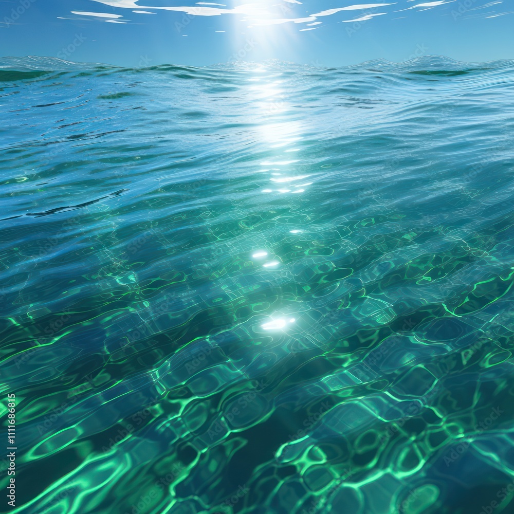 Poster ocean surface with gentle waves reflecting sunlight and creating sparkling patterns on the water, ca