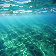 Fototapeta premium Underwater Scene with Crystal Clear Water and Sunlight Filtering Through the Surface Creating Beautiful Patterns on the Ocean Floor
