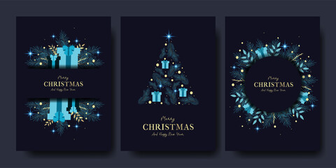 Vector Illustration. Set of Blue Xmas Posters in Modern Style. New Year Card Design with Tree, Toys, Fir Branch, Gift Box. Concept for Christmas, Invitations, Web, Social Media, Sales.
