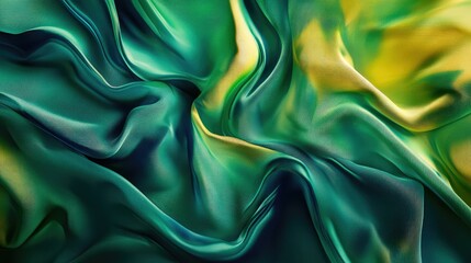 Obraz premium Vibrant satin fabric in shades of green, blue, and yellow drapes elegantly, highlighting its luxurious texture and richness
