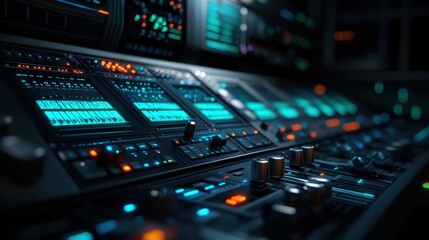 Close-up of a modern music production console at night