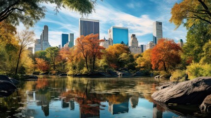 Autumn Reflections in Central Park with City Skyline in the Background Under Clear Blue Sky and Colorful Foliage of Orange, Yellow, and Green Shades