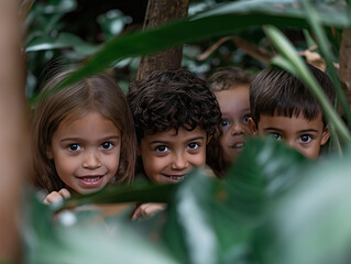 Kids hiding and seeking in a lush garden