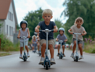 A group of kids riding scooters on a sunny street