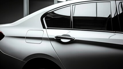 A sleek, modern car exterior showcasing a shiny surface and elegant design, with reflections...