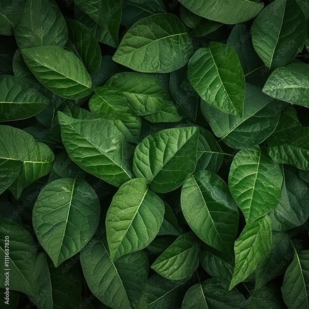Poster dense green leaves creating a natural background with varied shapes and textures for use in design p