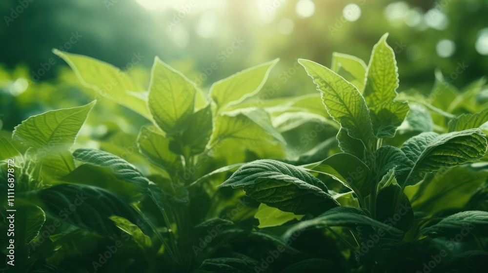 Poster lush green leaves with backlighting in a natural setting, fresh foliage displaying vibrant color and